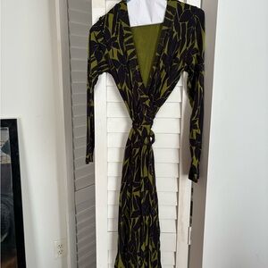 Boden Olive Green and Black Leaf-Print Wrap Dress